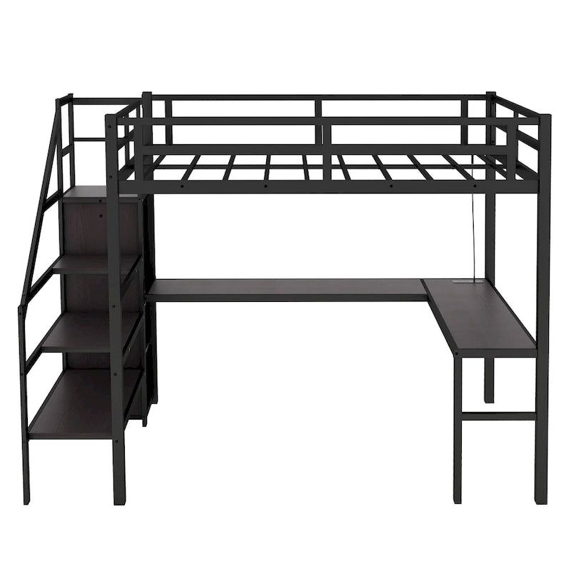Full XL Size Loft Bed with L-shaped Desk and USB
