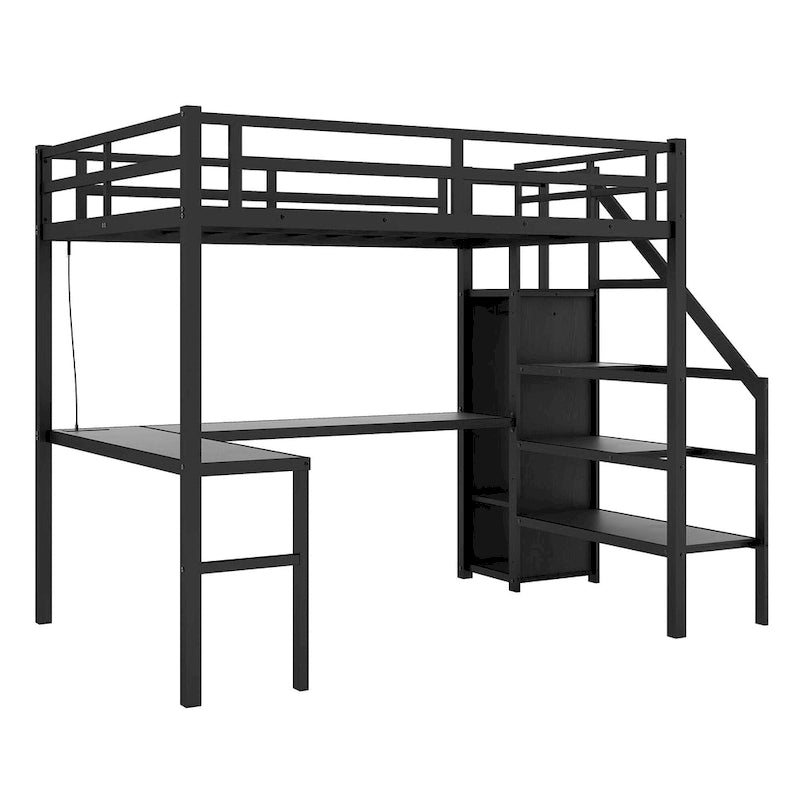 Full XL Size Loft Bed with L-shaped Desk and USB