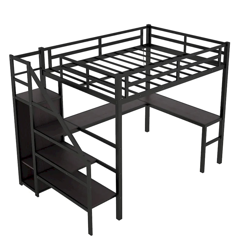 Full XL Size Loft Bed with L-shaped Desk and USB