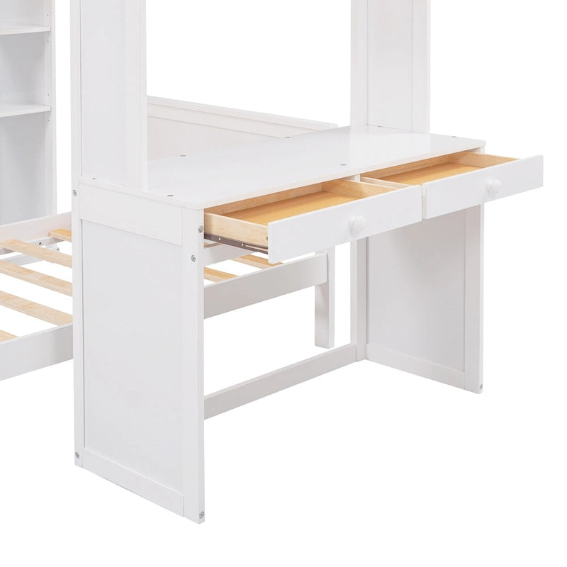 Twin size Loft Bed with a Stand-alone bed, Shelves,Desk,and Wardrobe