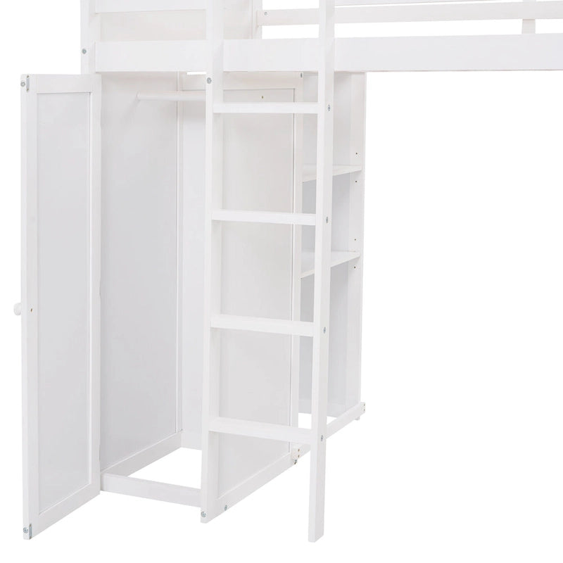 Twin size Loft Bed with a Stand-alone bed, Shelves,Desk,and Wardrobe