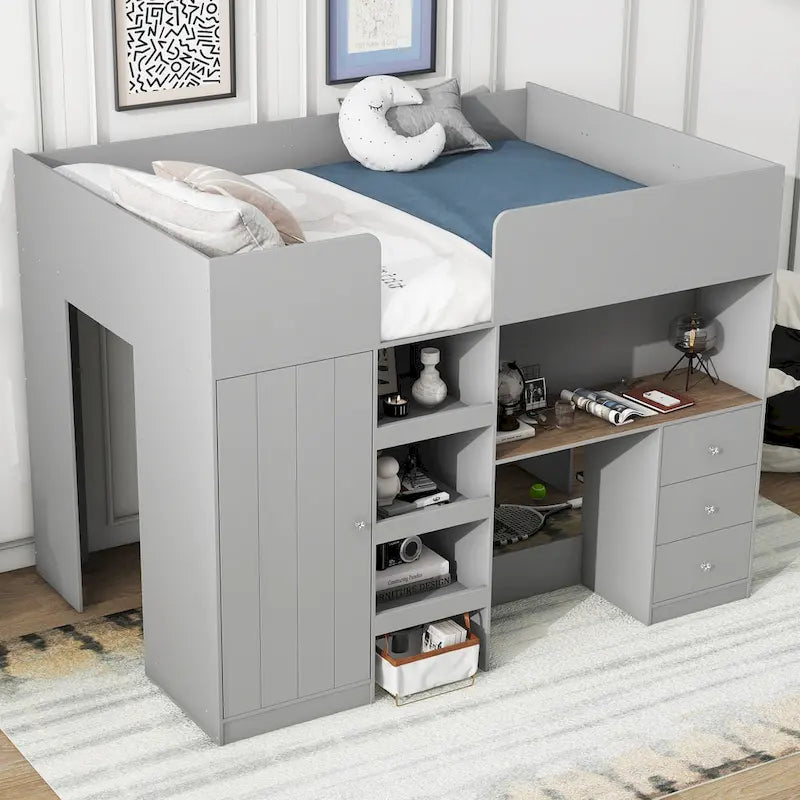 Wood Full Size Loft Bed with Built-in Wardrobe, Desk, Storage Shelves and Drawers