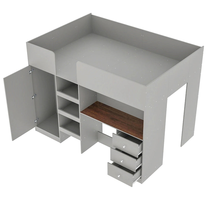 Wood Full Size Loft Bed with Built-in Wardrobe, Desk, Storage Shelves and Drawers