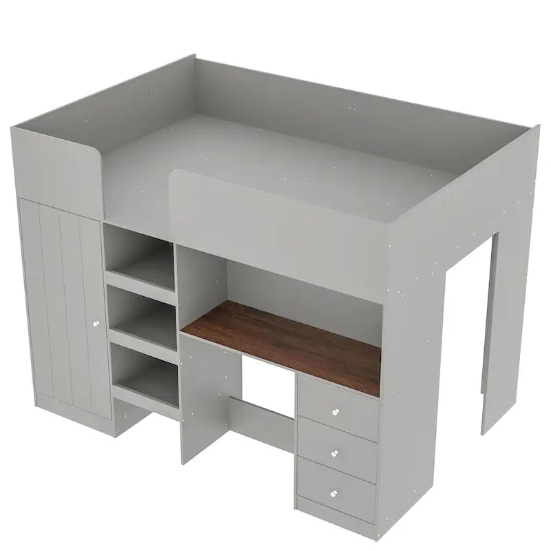 Wood Full Size Loft Bed with Built-in Wardrobe, Desk, Storage Shelves and Drawers