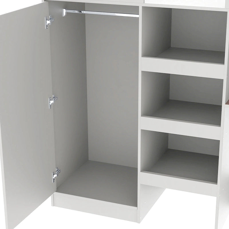 Wood Full Size Loft Bed with Built-in Wardrobe, Desk, Storage Shelves and Drawers