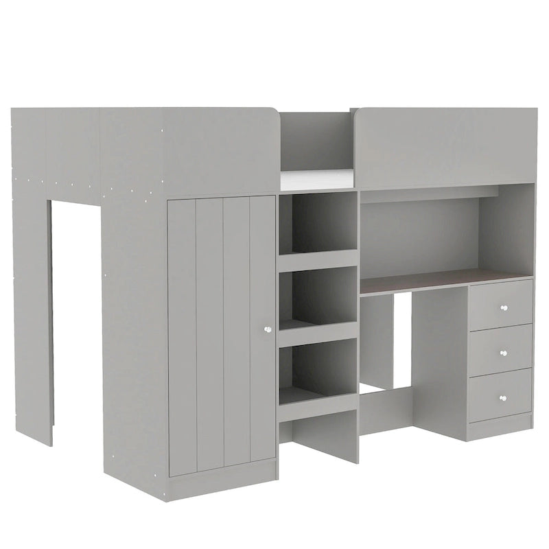 Wood Full Size Loft Bed with Built-in Wardrobe, Desk, Storage Shelves and Drawers