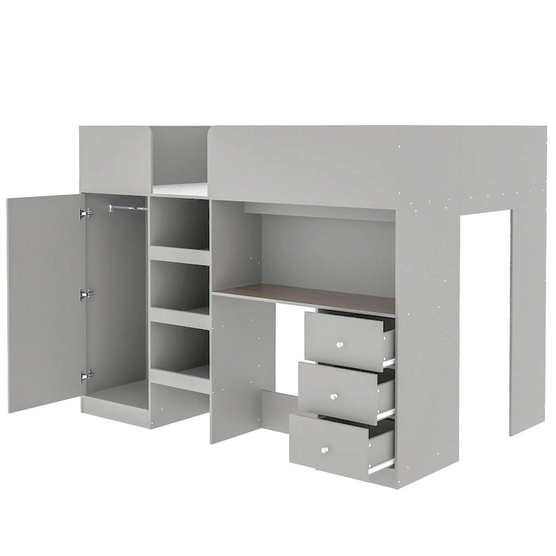 Wood Full Size Loft Bed with Built-in Wardrobe, Desk, Storage Shelves and Drawers