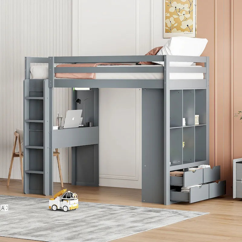 Twin Size Loft Bed with large shelves, writing desk and LED Light