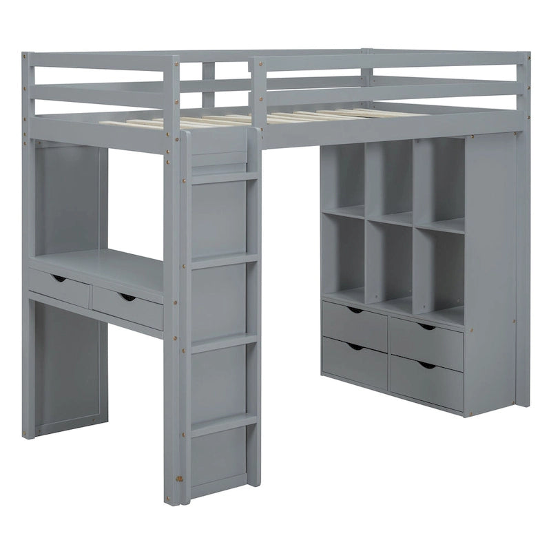 Twin Size Loft Bed with large shelves, writing desk and LED Light