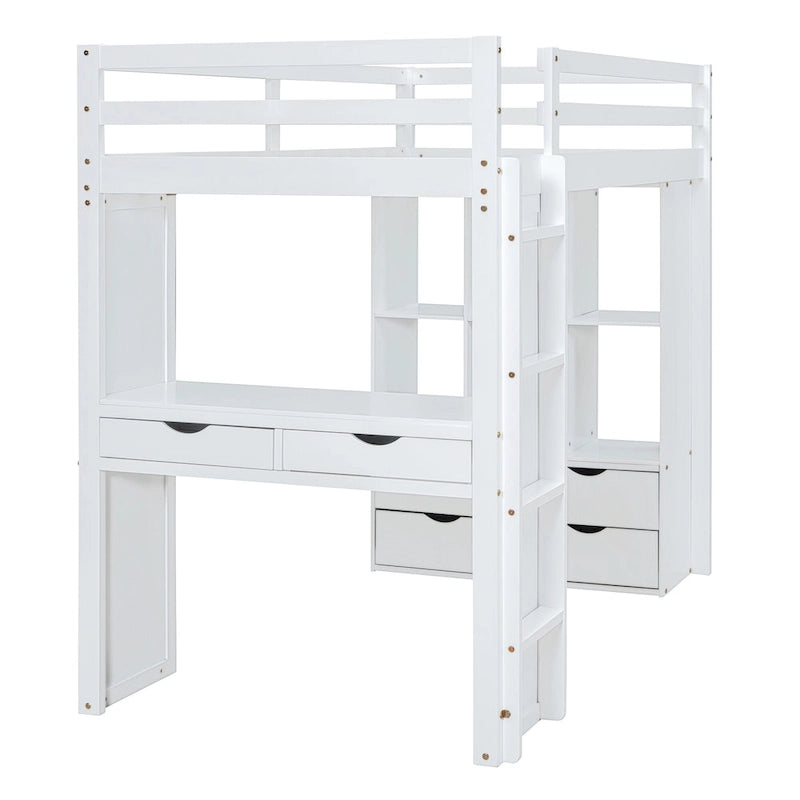 Twin Size Loft Bed with large shelves, writing desk and LED Light
