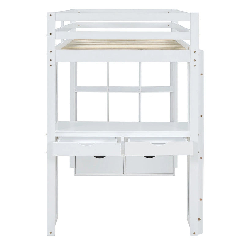 Twin Size Loft Bed with large shelves, writing desk and LED Light
