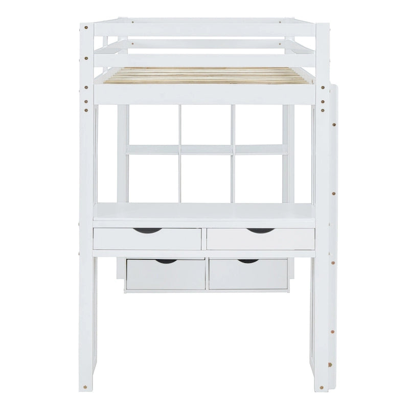 Twin Size Loft Bed with large shelves, writing desk and LED Light