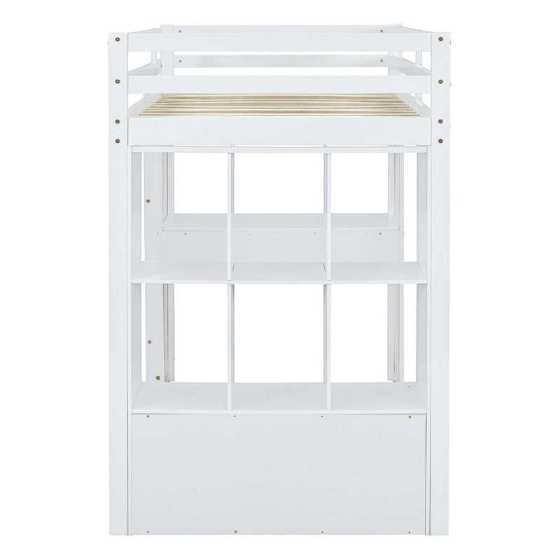 Twin Size Loft Bed with large shelves, writing desk and LED Light