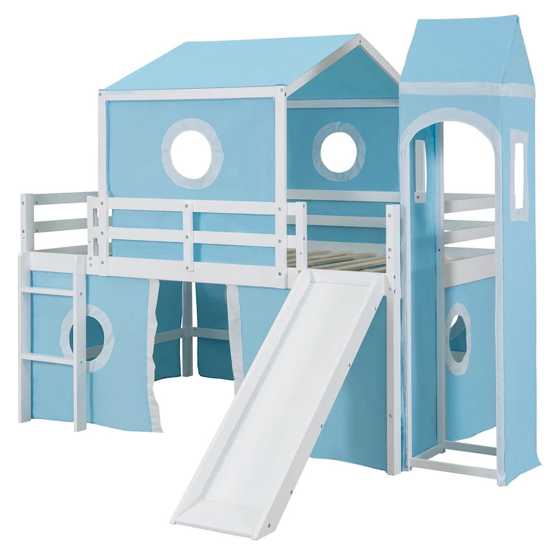 Full Size Kids Tent Loft Bed with Slide, Tower and Round Window – Pink and Blue