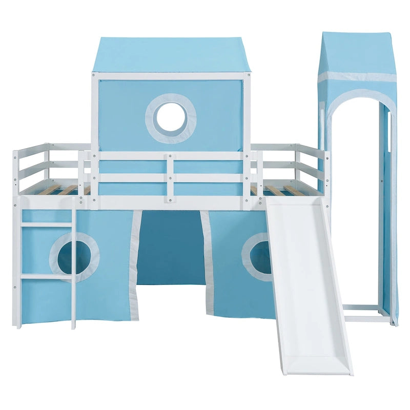 Full Size Loft Bed with Slide Pink Tent and Tower