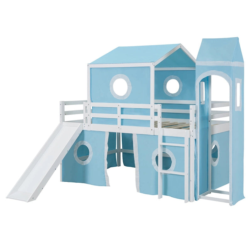 Full Size Loft Bed with Slide Pink Tent and Tower