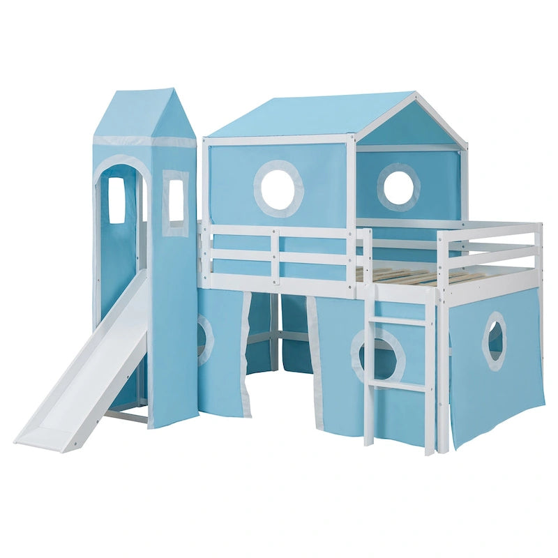 Full Size Loft Bed with Slide Pink Tent and Tower