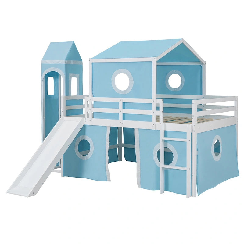 Full Size Loft Bed with Slide Pink Tent and Tower