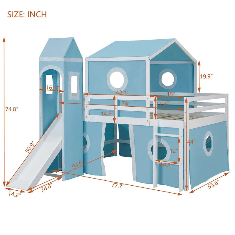 Full Size Loft Bed with Slide Pink Tent and Tower