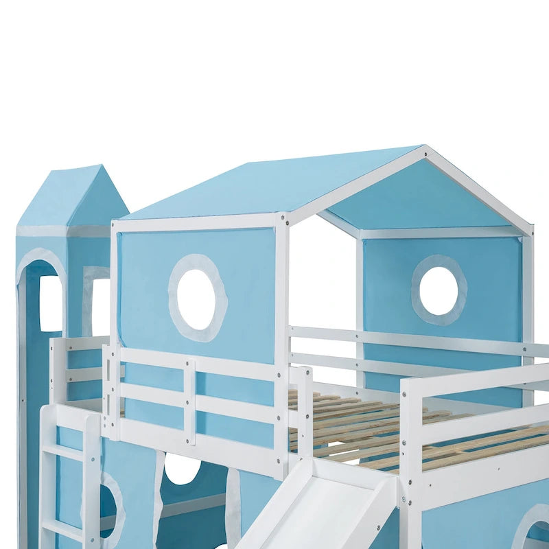 Full Size Loft Bed with Slide Pink Tent and Tower