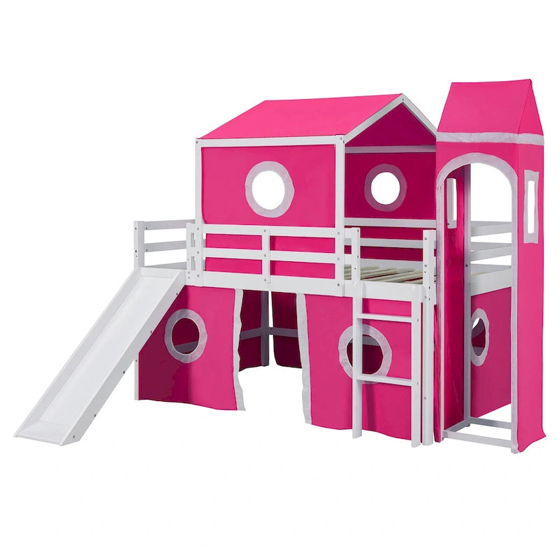 Full Size Loft Bed with Slide Pink Tent and Tower