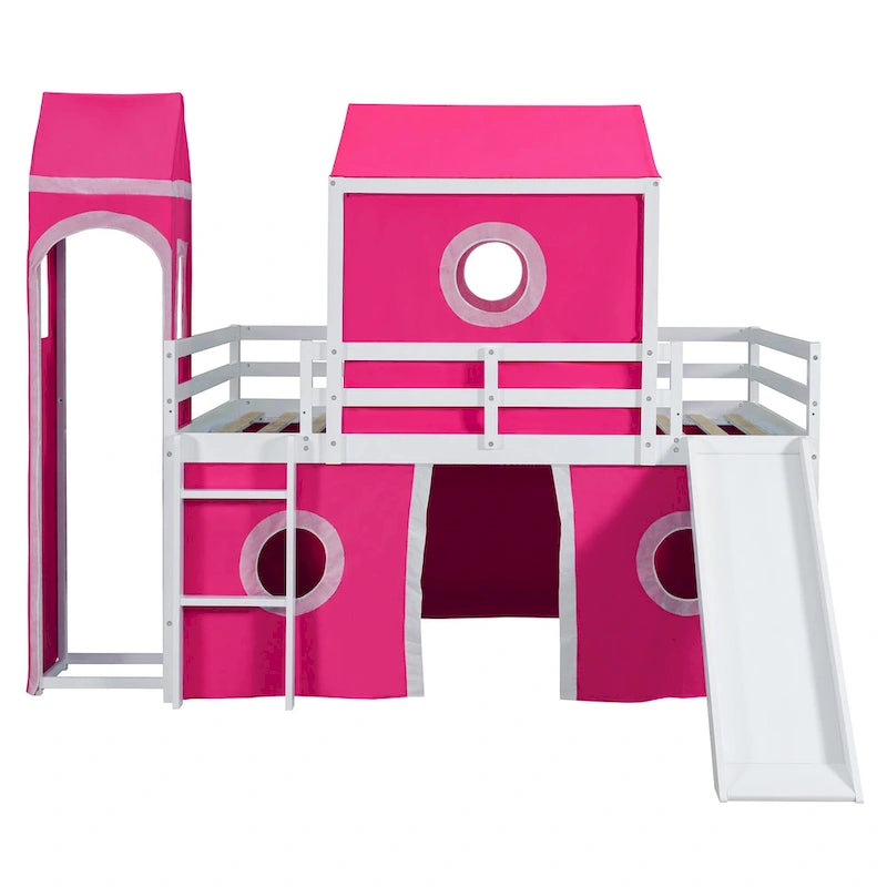 Full Size Loft Bed with Slide Pink Tent and Tower