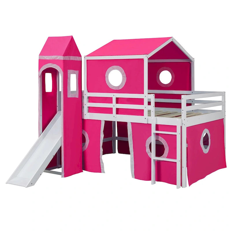 Full Size Loft Bed with Slide Pink Tent and Tower