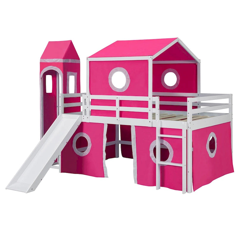 Full Size Loft Bed with Slide Pink Tent and Tower