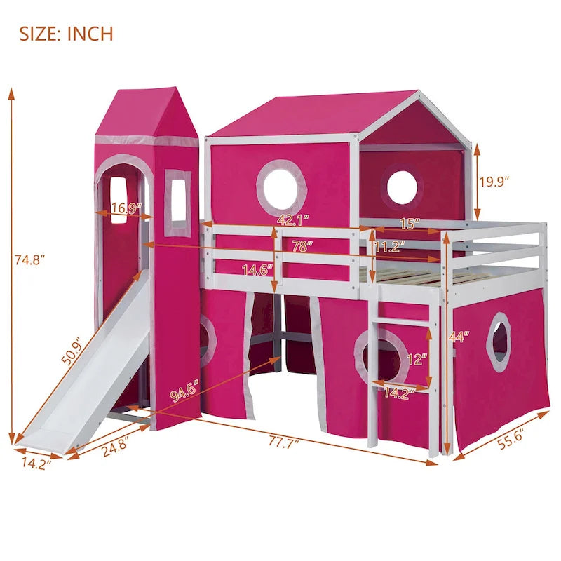 Full Size Loft Bed with Slide Pink Tent and Tower