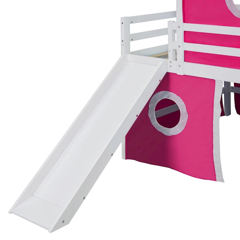Full Size Loft Bed with Slide Pink Tent and Tower