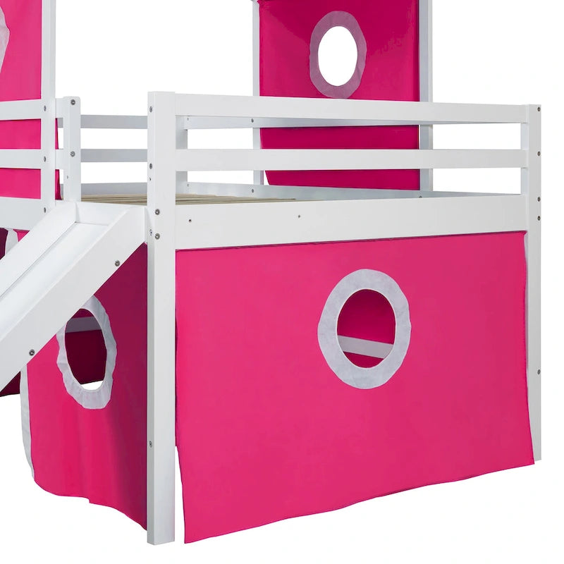 Full Size Loft Bed with Slide Pink Tent and Tower