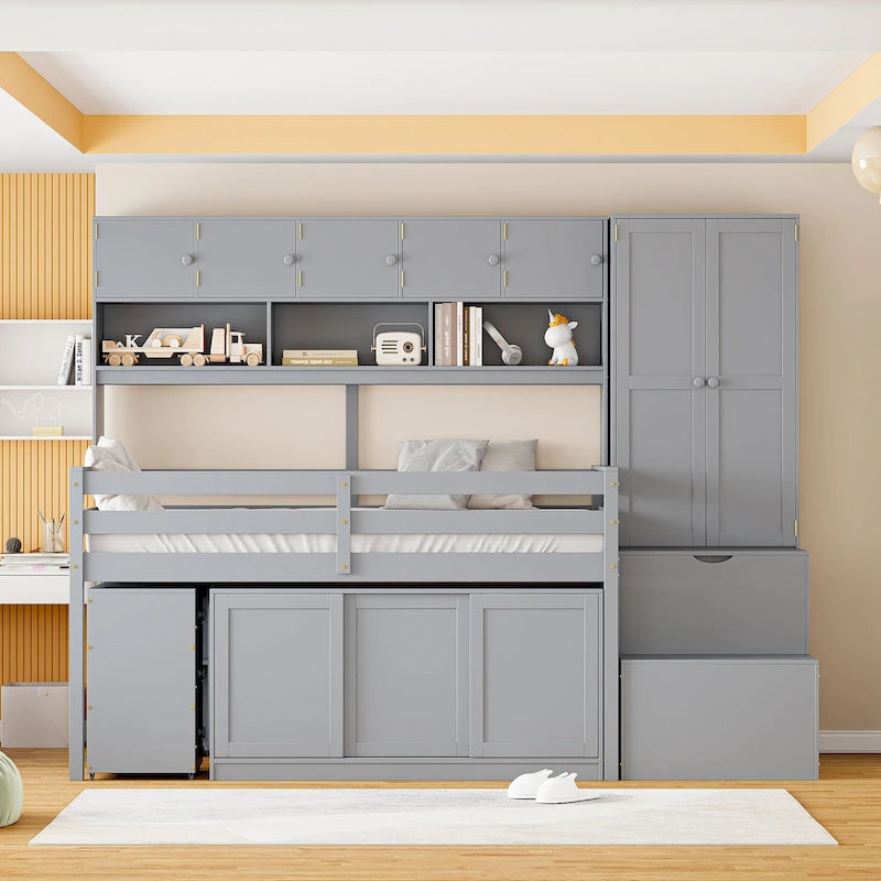 Twin Size Wooden Loft Bed Big Storage with Under-bed Desk, with Drawers, with Shelves