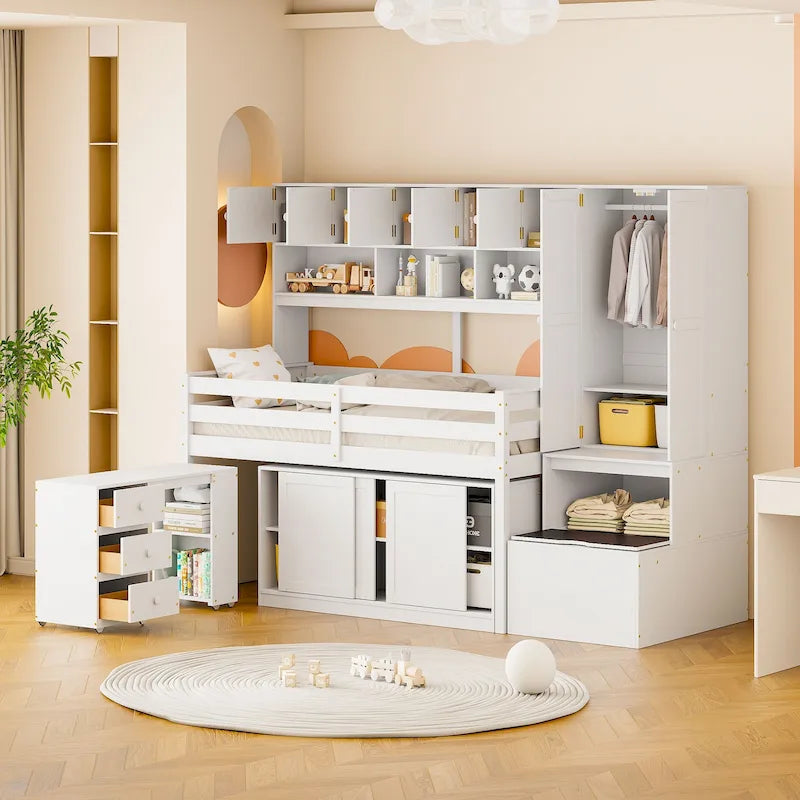 Twin Wood Loft Bed with Rolling Desk, Wardrobe, Storage Staircase and Swing-out Drawers