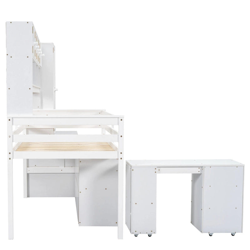 Twin Size Wooden Loft Bed Big Storage with Under-bed Desk, with Drawers, with Shelves