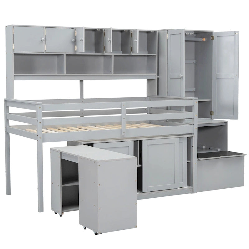 Twin Size Wooden Loft Bed Big Storage with Under-bed Desk, with Drawers, with Shelves