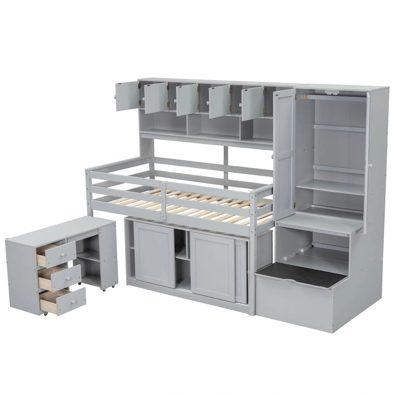 Twin Size Wooden Loft Bed Big Storage with Under-bed Desk, with Drawers, with Shelves