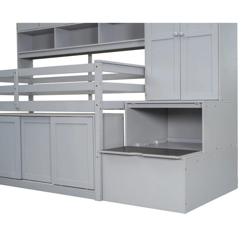 Twin Size Wooden Loft Bed Big Storage with Under-bed Desk, with Drawers, with Shelves