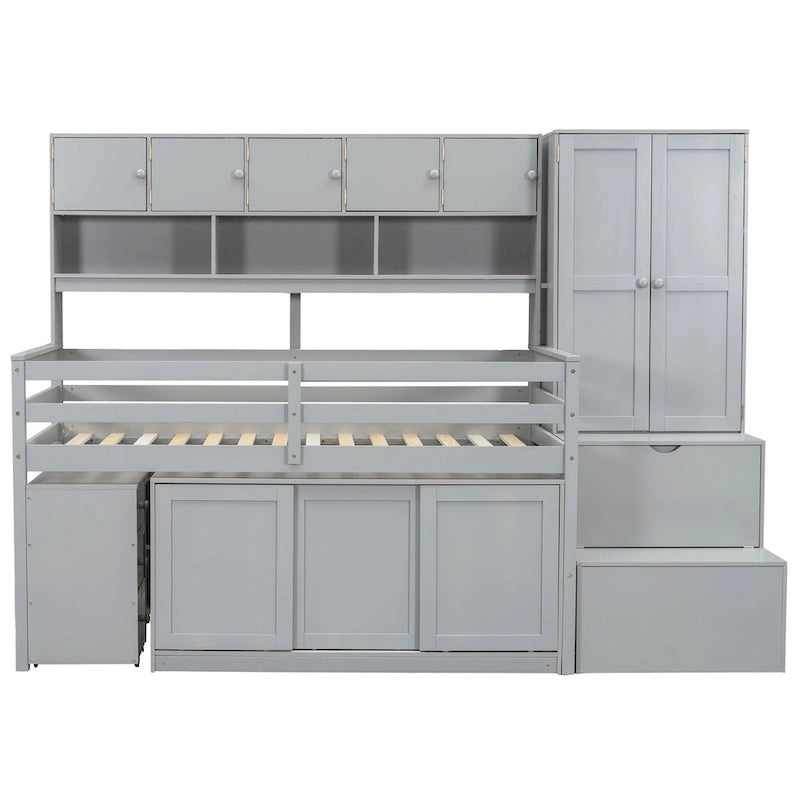 Twin Size Wooden Loft Bed Big Storage with Under-bed Desk, with Drawers, with Shelves