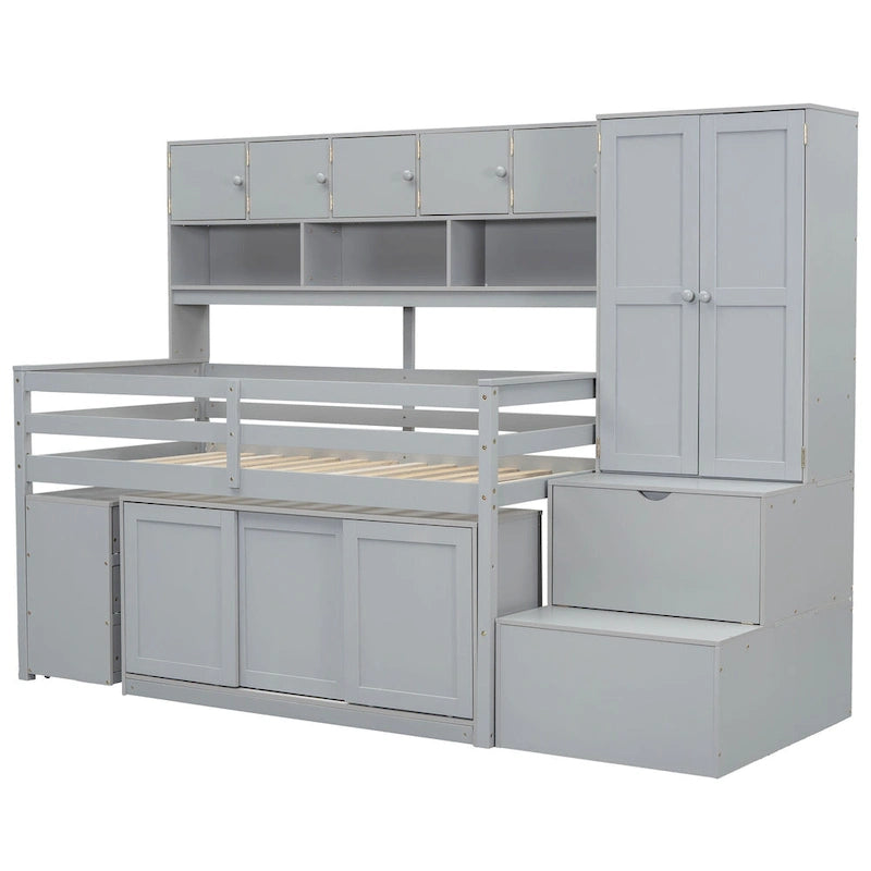 Twin Size Wooden Loft Bed Big Storage with Under-bed Desk, with Drawers, with Shelves