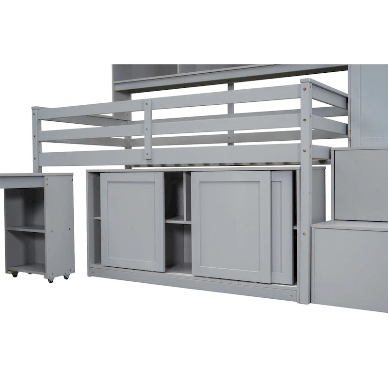 Twin Size Wooden Loft Bed Big Storage with Under-bed Desk, with Drawers, with Shelves