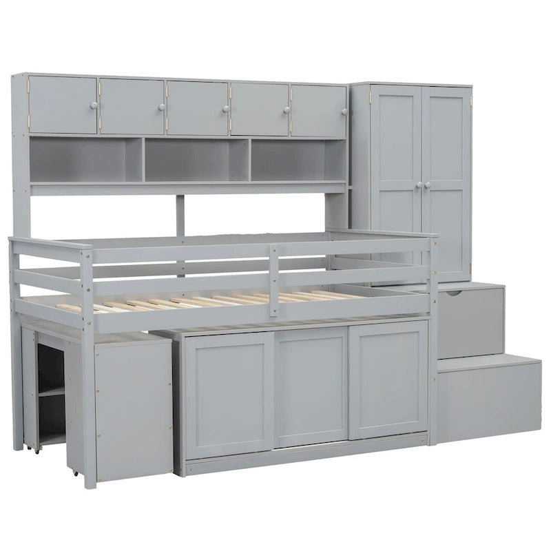 Twin Size Wooden Loft Bed Big Storage with Under-bed Desk, with Drawers, with Shelves