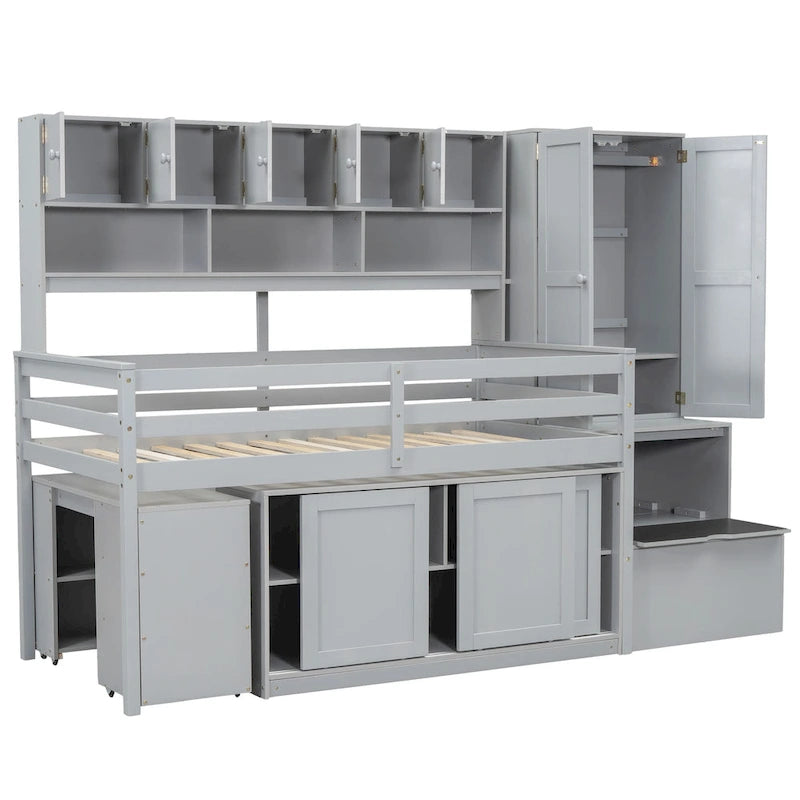 Twin Size Wooden Loft Bed Big Storage with Under-bed Desk, with Drawers, with Shelves
