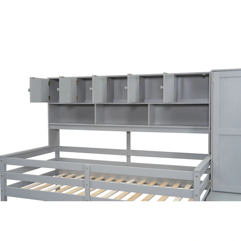 Twin Size Wooden Loft Bed Big Storage with Under-bed Desk, with Drawers, with Shelves