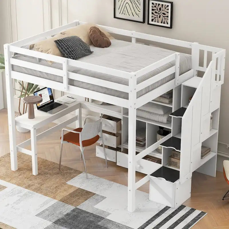 Full Size Loft Bed w/L-Shaped Desk,Drawers,Cabinet,Storage Staircase