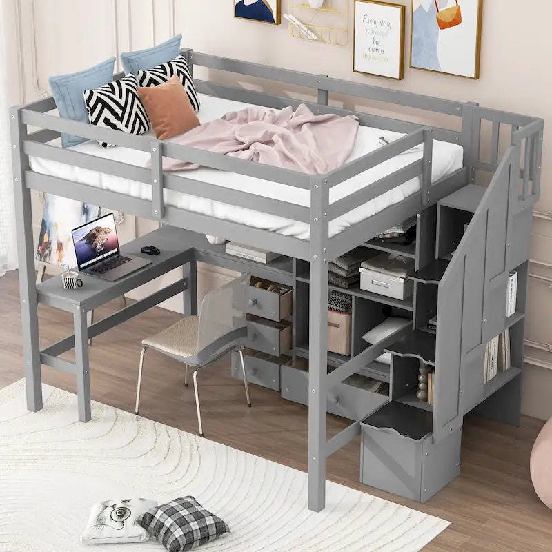 Full Size Pine Loft Bed with L-Shaped Desk, Drawers, Cabinet and Storage Staircase