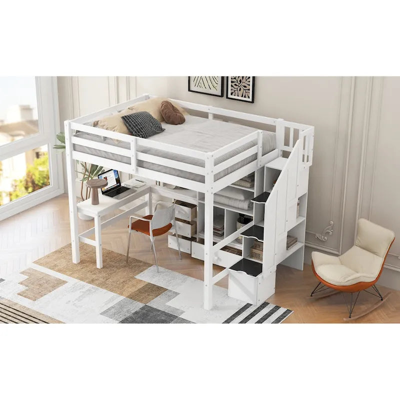 Full Size Loft Bed w/L-Shaped Desk,Drawers,Cabinet,Storage Staircase