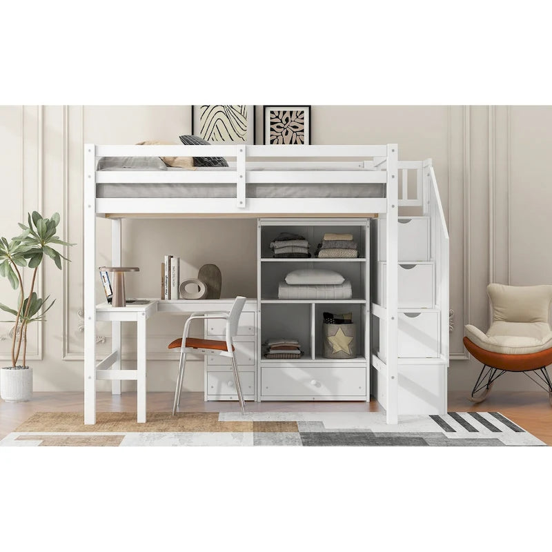 Full Size Loft Bed w/L-Shaped Desk,Drawers,Cabinet,Storage Staircase