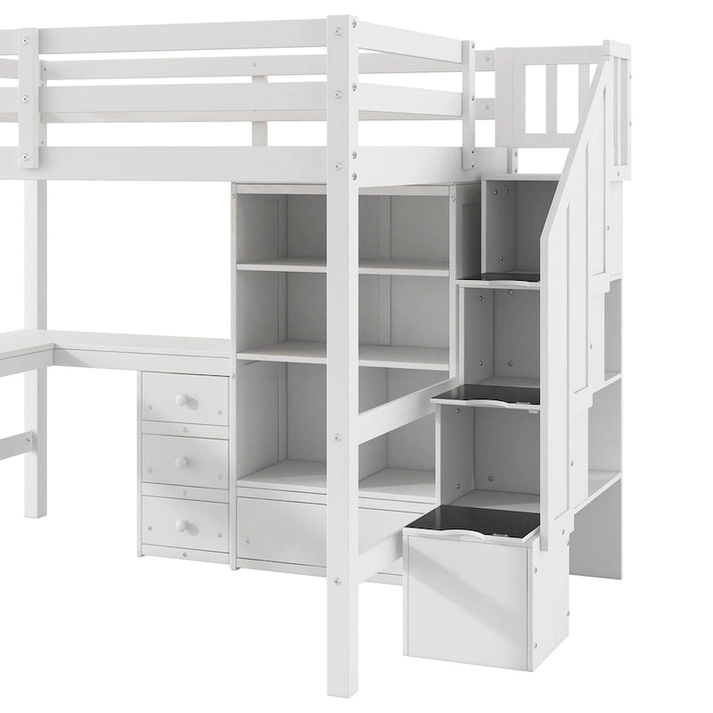 Full Size Loft Bed w/L-Shaped Desk,Drawers,Cabinet,Storage Staircase