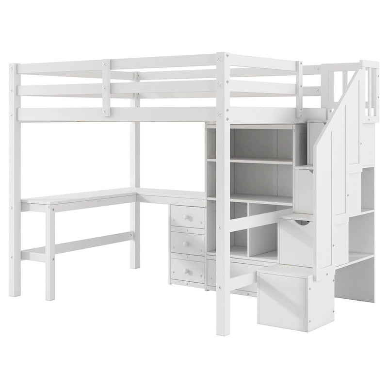 Full Size Loft Bed w/L-Shaped Desk,Drawers,Cabinet,Storage Staircase