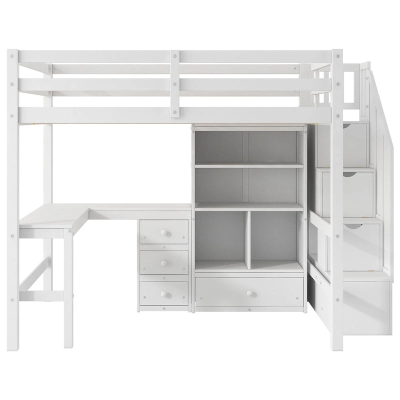 Full Size Loft Bed w/L-Shaped Desk,Drawers,Cabinet,Storage Staircase